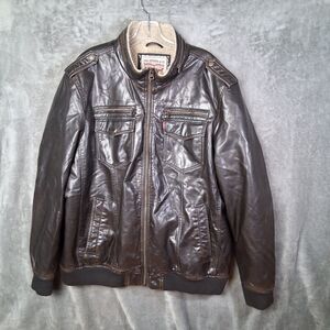 Levis Faux Leather Aviator Bomber Jacket Sherpa Lined Mens 2xl Brown Utility